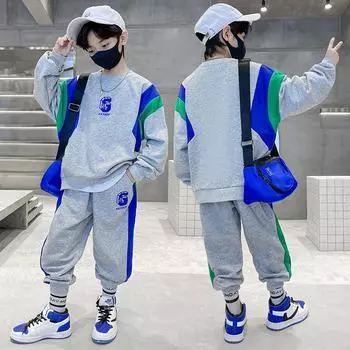 Весенняя модная повседневная толстовка с длинными рукавами и брючный костюм для мальчиков 170 чёрный