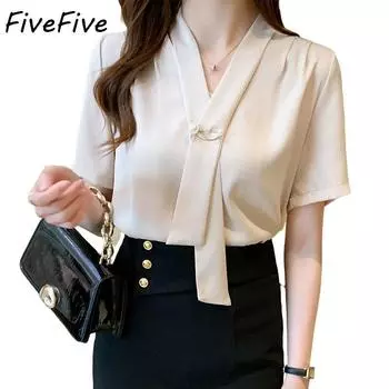 Весенняя модная шифоновая женская рубашка FiveFive, блузка с коротким рукавом, женская свободная одежда, свободные женские топы с бантом XL белый