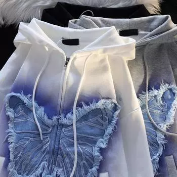 Весенняя модная толстовка с вышитыми бабочками XXL белый