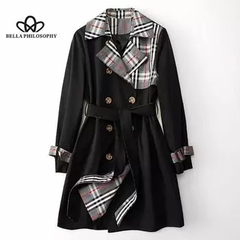 Весенняя модная ветровка в британском стиле, новый костюм с воротником средней длины, женская повседневная куртка, элегантный плащ M чёрный