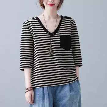 Весенняя модная женская летняя Свободная повседневная блузка в полоску с v-образным вырезом и короткими рукавами, повседневная женская мягкая рубашка XL чёрный