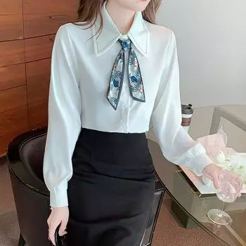 Весенняя модная женская рубашка с галстуком и блузка из шифона с длинным рукавом и тонким бантом, формальные топы M синий