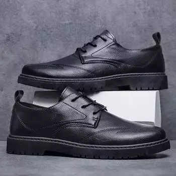 Весенняя мягкая поверхность нескользящая рабочая универсальная британская черная корейская версия мужская деловая повседневная кожаная обувь для мальчиков водонепроницаемая и легкая 39