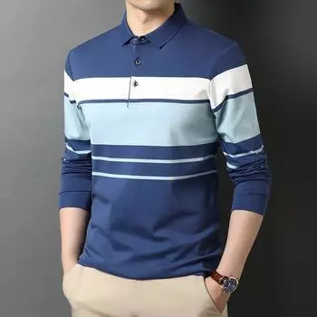 Весенняя мужская футболка среднего возраста с длинными рукавами, тонкая футболка с лацканами, одежда в полоску, рубашка-поло для папы M