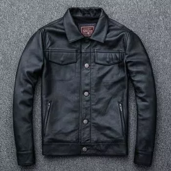 Весенняя мужская кожаная куртка с лацканами из коровьей кожи первого слоя в стиле ретро с локомотивом M чёрный