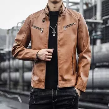 Весенняя мужская куртка Повседневная кожаная куртка Мужская одежда Locomotive Trendy Jacket Корейская версия воротник-стойка Куртка из искусственной кожи M