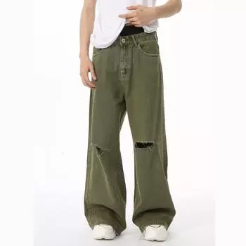 Весенняя мужская мода рваные прямые джинсы XL зелёный