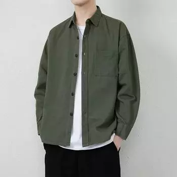 Весенняя мужская новая хлопковая рубашка свободного покроя, однотонная, японская, трендовая, с длинными рукавами M темно серый