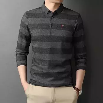 Весенняя мужская новая одежда, вышитая полосатая футболка с длинным рукавом и лацканами, мужская модная повседневная мужская рубашка M