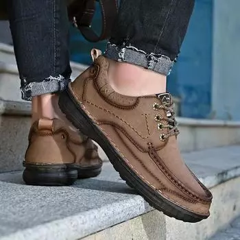 Весенняя мужская обувь из натуральной кожи, брендовая осенняя мужская повседневная кожаная обувь больших размеров, уличные оксфорды на шнуровке, мужские мокасины на плоской подошве 38 темно-коричневого