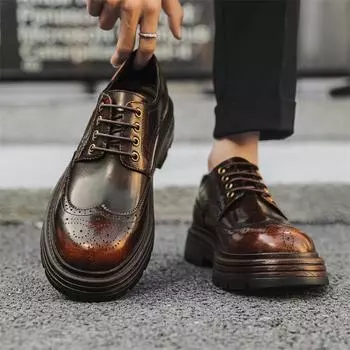 Весенняя мужская обувь Высококачественные винтажные резные оксфорды Мужские повседневные туфли на шнуровке Мокасины из кожи Офисная обувь 38 коричневый