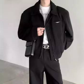 Весенняя мужская повседневная короткая однотонная бейсбольная куртка с лацканами XXXL чёрный