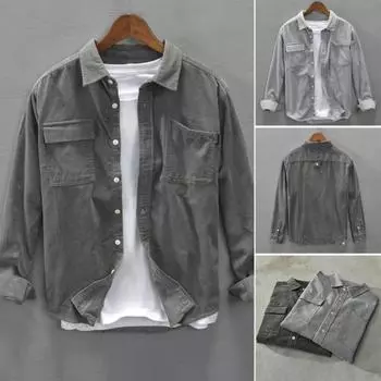 Весенняя мужская рубашка-карго, однобортная, свободная, однотонная, с длинными рукавами, нагрудными карманами, кардиган с отложным воротником, мягкая дышащая вельветовая рабочая одежда M темно-серого