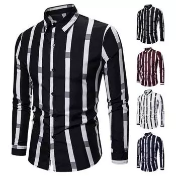 Весенняя мужская рубашка контрастного цвета с полосатым принтом, тонкие длинные рукава, отложной воротник, свободный однобортный формальный деловой стиль, повседневный топ M белый