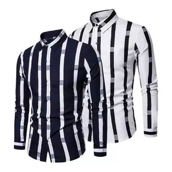 Весенняя мужская рубашка контрастного цвета с полосатым принтом, тонкие длинные рукава, отложной воротник, свободный однобортный формальный деловой стиль, повседневный топ M