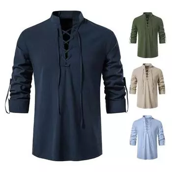 Весенняя мужская рубашка на шнуровке с воротником-стойкой в стиле ретро с длинными рукавами, сплошной цвет, мягкий дышащий пуловер средней длины, деловой повседневный топ для отпуска L светло-синий