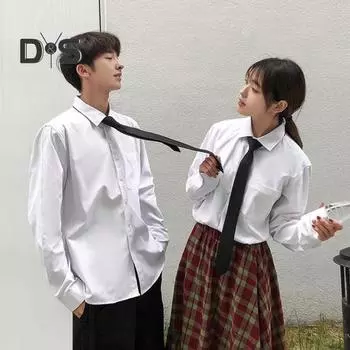 Весенняя мужская рубашка с галстуком и нагрудным карманом в деловом школьном стиле, рубашка с лацканами для молодых мужчин, однобортная, с длинными/короткими рукавами, свободная, средней длины, чистый цвет M белый