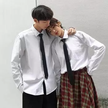 Весенняя мужская рубашка с галстуком и нагрудным карманом, рубашка с лацканами в деловом школьном стиле для молодых мужчин, однобортная свободная рубашка средней длины, однотонная официальная рубашка M