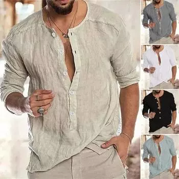Весенняя мужская рубашка с круглым вырезом, длинными рукавами, пуговицами, полуоднобортная, однотонная, повседневная, дышащая, Vinatge, тонкая, средней длины L серый