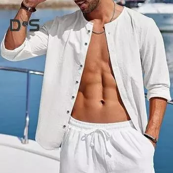 Весенняя мужская рубашка с круглым вырезом, однобортный, с длинными рукавами и пуговицами, сплошной цвет, свободный кардиган средней длины, мягкий дышащий пляжный топ для летних каникул M синий