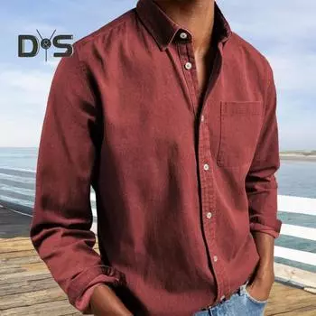 Весенняя мужская рубашка с нагрудным карманом, отложным воротником, однобортный свободный кардиган, однотонный формальный топ средней длины, повседневная рубашка 3XL красный