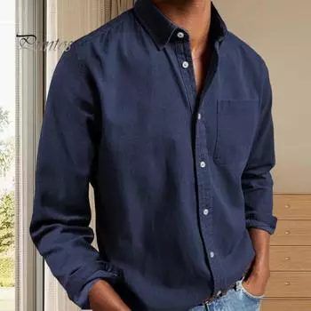 Весенняя мужская рубашка с нагрудным карманом, отложным воротником, однобортный свободный кардиган, однотонный формальный топ средней длины, повседневная рубашка 3XL темно-синий