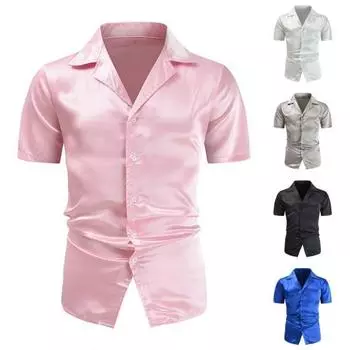 Весенняя мужская рубашка с отложным воротником, атласная рубашка с V-образным вырезом и лацканами, свободная однобортная рубашка с короткими рукавами, мужская очаровательная деловая рубашка, офисный топ в стиле диско S чёрный