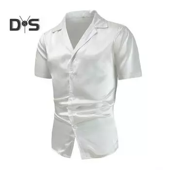 Весенняя мужская рубашка с отложным воротником, атласная с V-образным вырезом и лацканами, свободная однобортная однобортная однотонная мягкая дышащая рубашка с короткими рукавами, мужская очаровательная официальная деловая рубашка S белый