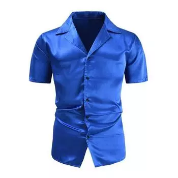 Весенняя мужская рубашка с отложным воротником из атласа с V-образным вырезом и лацканами, свободная однобортная однобортная однотонная мягкая рубашка M королевский синий