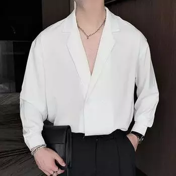 Весенняя мужская рубашка с отложным воротником из ледяного шелка с V-образным вырезом, свободные двойные пуговицы, сплошной цвет, мешковатые свободные мягкие дышащие длинные рукава, мужской шарм, формальный M белый