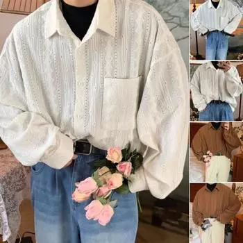 Весенняя мужская рубашка с прозрачными длинными рукавами и отложным воротником в стиле ретро с нагрудным карманом, свободная однотонная уличная рубашка M белый