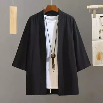 Весенняя мужская рубашка в стиле ретро в китайском стиле с открытой строчкой, свободный кардиган с рукавами три четверти, платье священника, чистый цвет, традиционная одежда, повседневная куртка, топ M чёрный