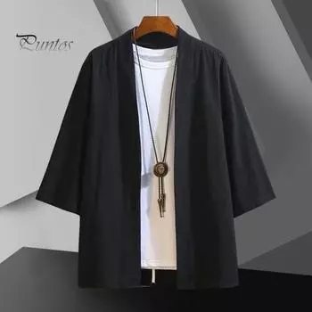 Весенняя мужская рубашка в стиле ретро в китайском стиле с открытой строчкой, свободный кардиган с рукавами три четверти, платье священника, чистый цвет, традиционная одежда, повседневная куртка, топ 3XL чёрный