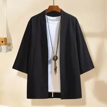 Весенняя мужская рубашка в стиле ретро в китайском стиле с открытой строчкой, свободный кардиган с рукавами три четверти, платье священника, чистый цвет, традиционная одежда, повседневная куртка, топ 3XL чёрный
