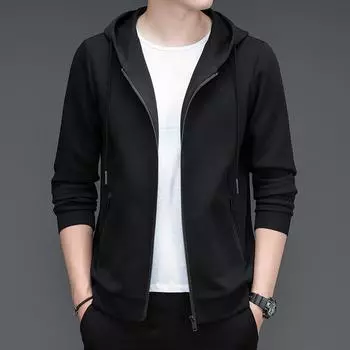Весенняя мужская толстовка, спортивная однотонная куртка, свободный повседневный мужской универсальный кардиган с капюшоном M чёрный