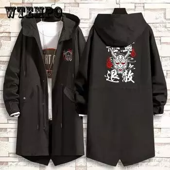 Весенняя мужская ветровка, китайская адская культура, куртка с принтом, весеннее пальто с капюшоном, повседневный свободный топ, длинный XXL