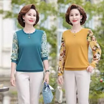 Весенняя нижняя рубашка для мам, рубашка для людей среднего и пожилого возраста, осенний топ, женская футболка на весну и осень M жёлтый