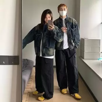 Весенняя ностальгическая синяя ретро свободная джинсовая куртка с большим карманом и воротником-стойкой мужская повседневная куртка на молнии Top Tide M синий