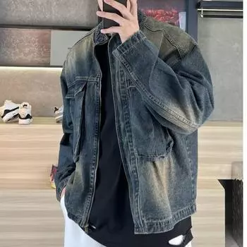 Весенняя ностальгическая синяя ретро свободная джинсовая куртка с большим карманом и воротником-стойкой мужская повседневная куртка на молнии Top Tide M синий