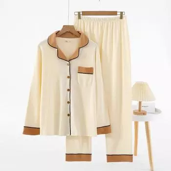 Весенняя новая домашняя одежда, свободная хлопковая пижама, женская однотонная кардиган с длинными рукавами, длинные брюки, комплект одежды для сна, повседневная ночная одежда M