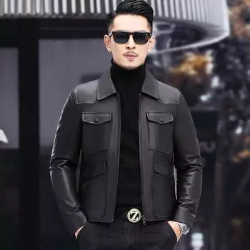 Весенняя новая кожаная куртка с той же кожаной курткой Locomotive Leather Jacket 2XL чёрный