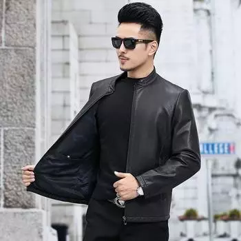 Весенняя новая куртка из натуральной кожи, мужская куртка из козьей кожи, куртка со стоячим воротником, корейский стиль, тонкая кожаная куртка для мотоцикла L