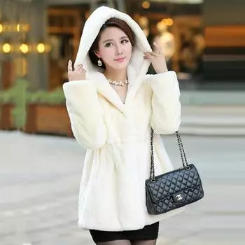Весенняя новая меховая куртка с капюшоном, женская корейская версия, облегающий крой, средняя и длинная, открытая теплая кроличья меховая куртка S белый