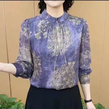 Весенняя новая мода для мам среднего возраста, универсальный стиль, рубашка с воротником-стойкой, приталенный принт, закрывающий живот, с длинными рукавами, женский топ XL