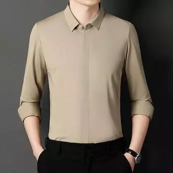 Весенняя новая мужская эластичная рубашка с длинными рукавами, тонкая темная планка, однотонная рубашка с лацканами для среднего возраста M