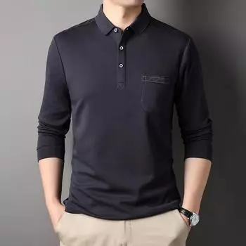 Весенняя новая мужская футболка, модная повседневная хлопковая однотонная футболка с лацканами и длинными рукавами и карманами M