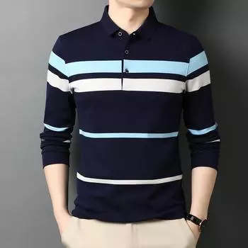 Весенняя новая мужская футболка с длинными рукавами, рубашка-поло с воротником в полоску, нижняя рубашка, мужская одежда для молодых и средних лет, свободная M