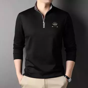 Весенняя новая мужская футболка с длинными рукавами, модная и повседневная однотонная хлопковая футболка с длинными рукавами и воротником-стойкой M