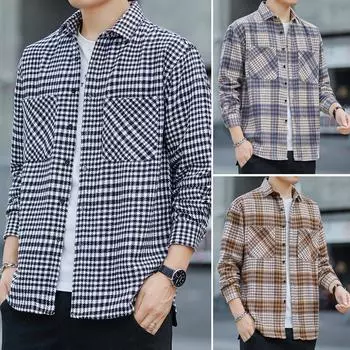 Весенняя новая мужская клетчатая рубашка с длинными рукавами, повседневная свободная молодежная утолщенная модная рубашка с начесом, блузка M