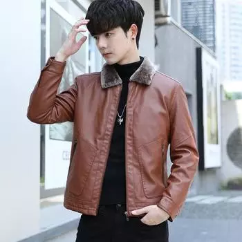 Весенняя новая мужская кожаная куртка с утолщенным бархатом в корейском стиле, тонкая и красивая зеленая кожаная куртка с воротником из искусственного меха M
